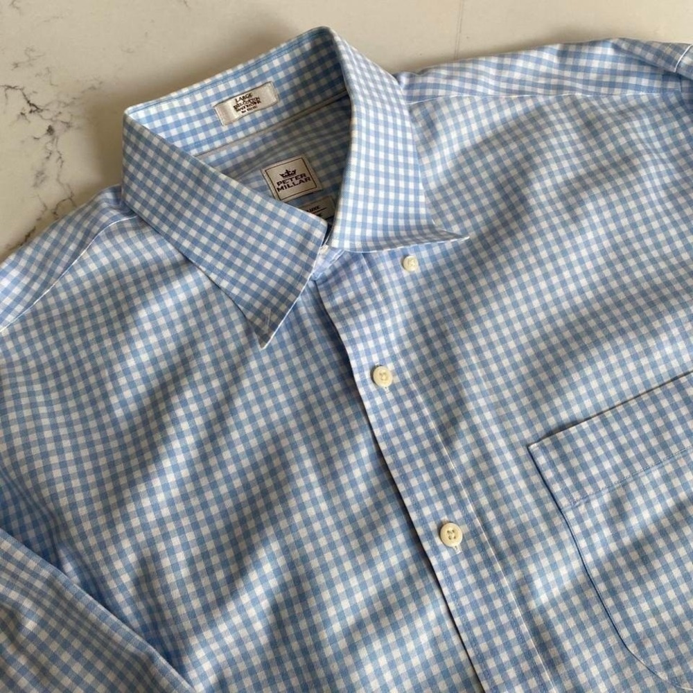 Peter Millar NanoLuxe Easy Care Blue White‎ Gingham Button  Dress Shirt Large